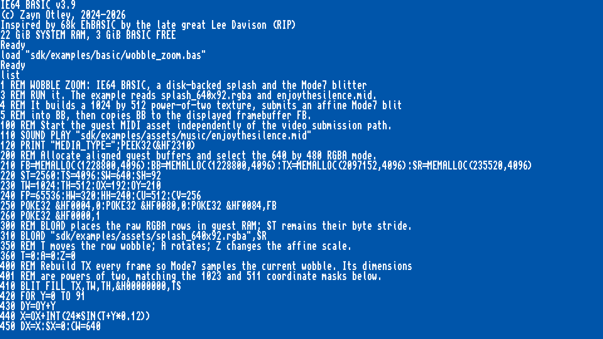 IE64 BASIC showing the source listing for the wobble zoom demo